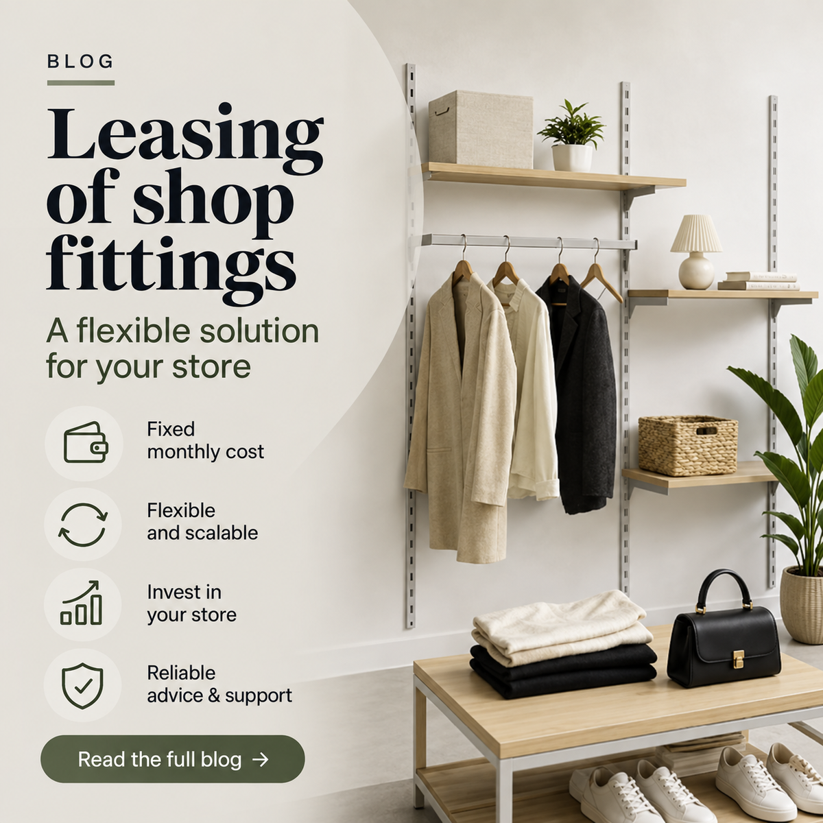 Vægsystem med træhylder og en bøjlestang med jakker, foran et bord med foldet tøj, en sort taske og sko. Til venstre står teksten ”Leasing of shop fittings”.