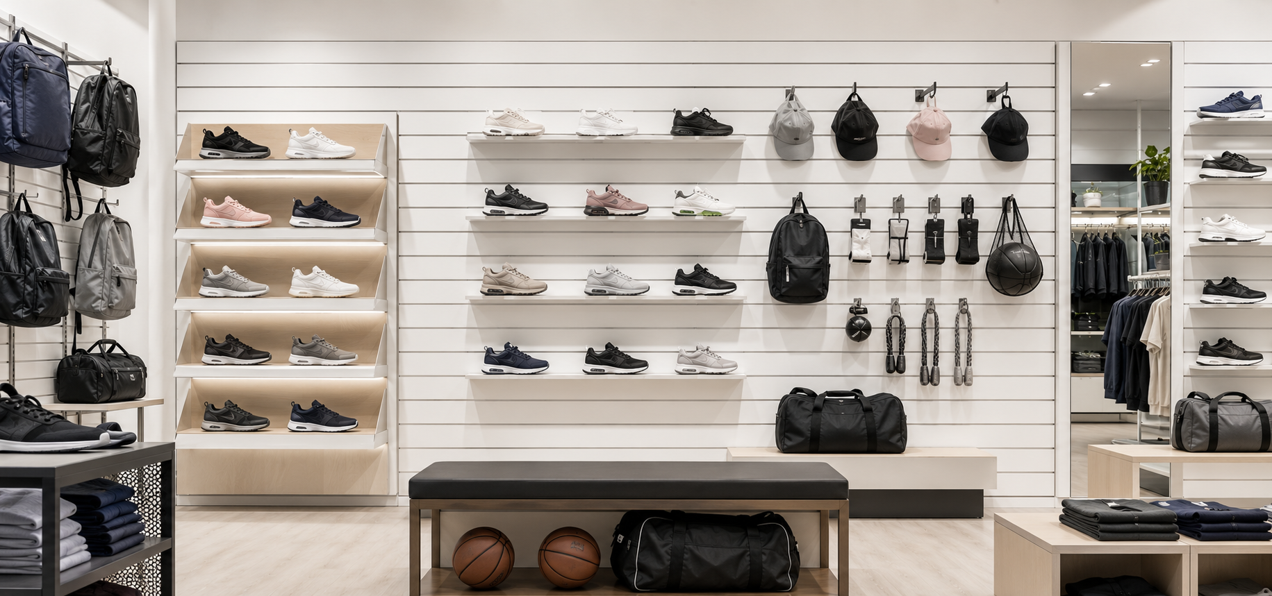 Rillepanelvæg til sportssko og sportsudstyr i butik