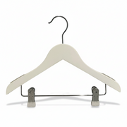 Solid, flat wooden hanger, junior, with clamp, white, 32 cm. Pack of 10 pcs. Unit price
