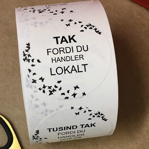 Rund etiket, handler lokalt TAK. 500 stk.