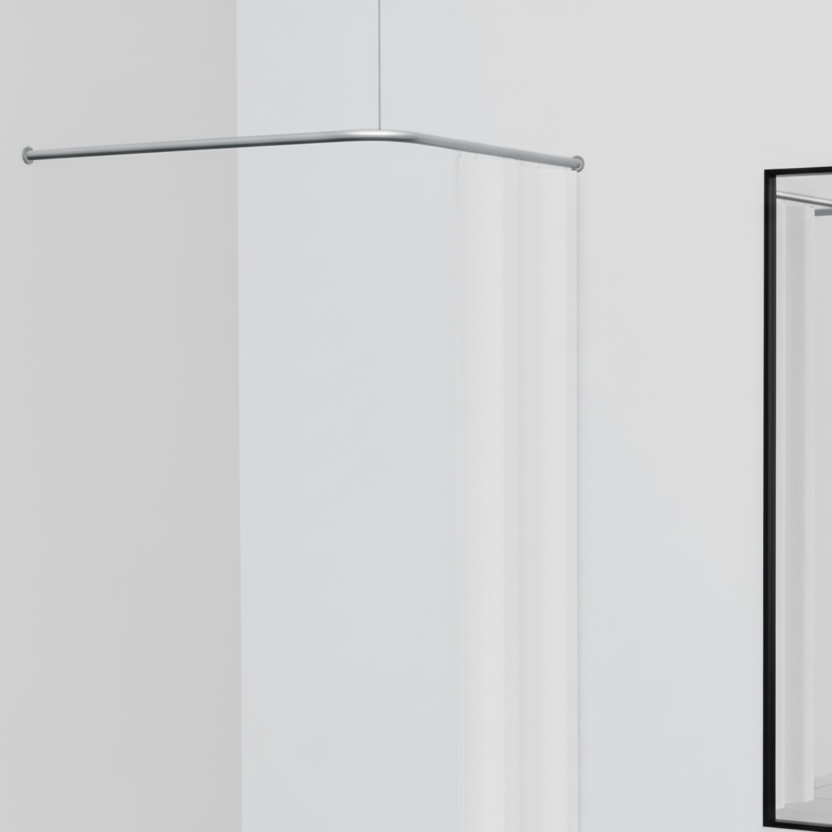 Prøverum, V-løsning (hjørneløsning ), inkl. hvidt forhæng, alu-farvet gardinstang. 100 x 100 cm, frithængende