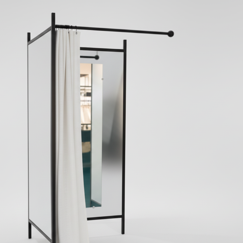 2-sidet prøverum. Sæt med stel i sort, inkl.1 forhæng i hvid, plade i hvid. B 100 x D100 x H 210 cm.