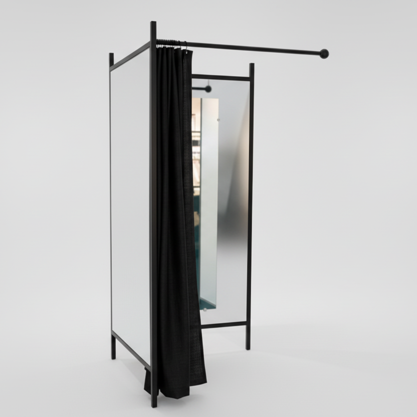 2-sidet prøverum. Sæt med stel i sort, inkl.1 forhæng i sort, plade i hvid. B 100 x D100 x H 210 cm.