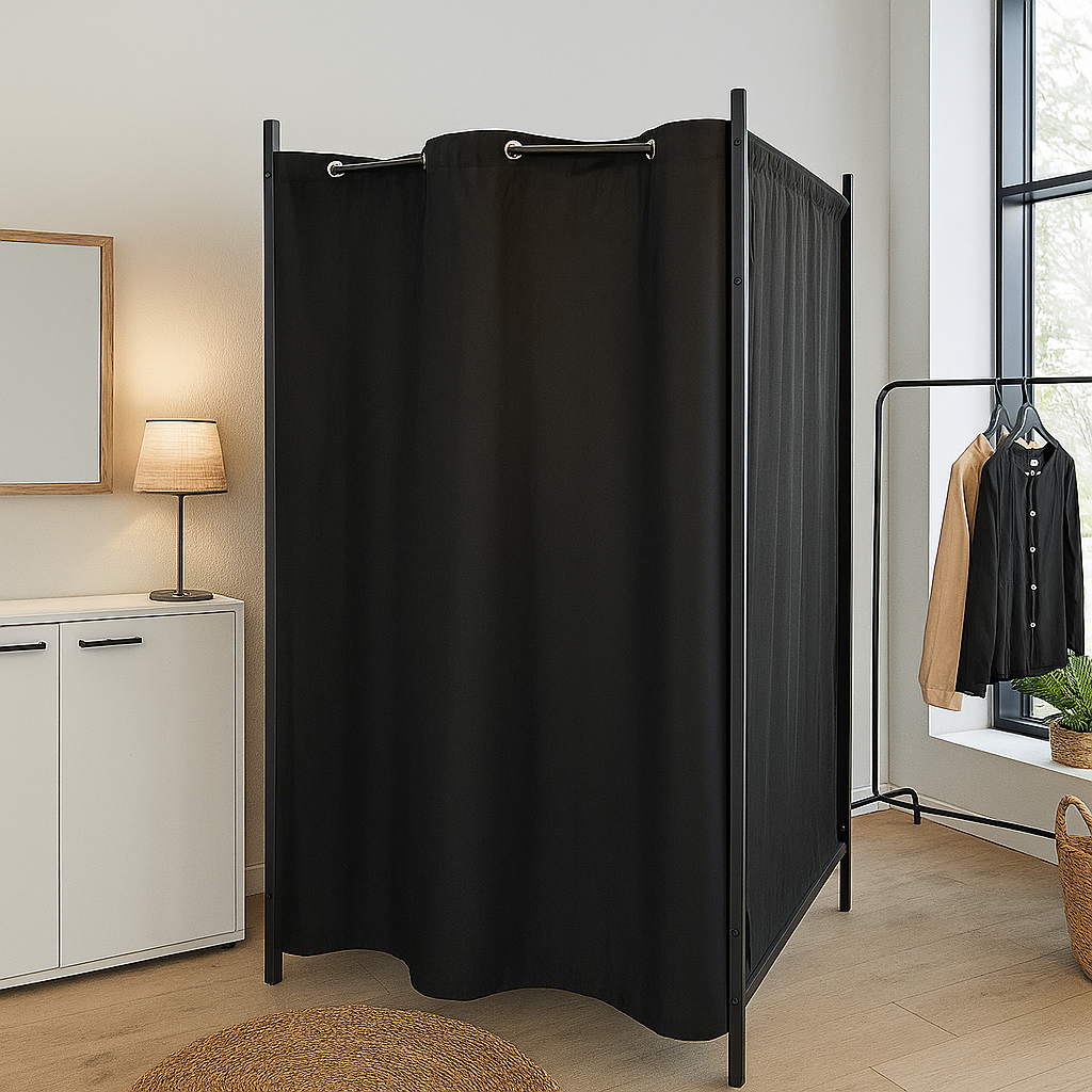 Gardin til gardinstang 100 cm med ringe Ø 3 cm, sort, B135 x H193 cm.