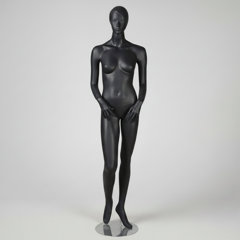 1400 female mannequin. Gray, matte with head, face and sculpted hair. H 178 cm. Hands in front