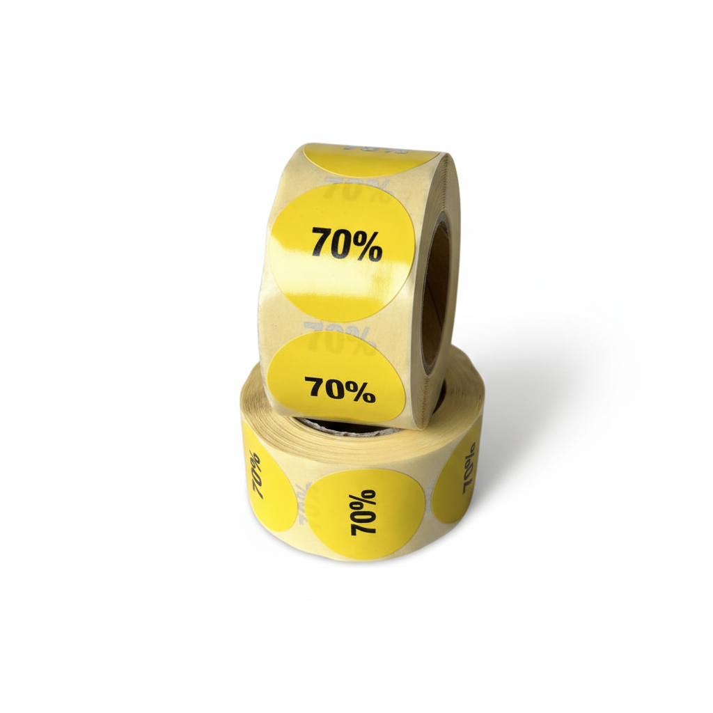 Gul rabatklistermærke 70%. Rulle med 500 stk. Ø 30 mm.