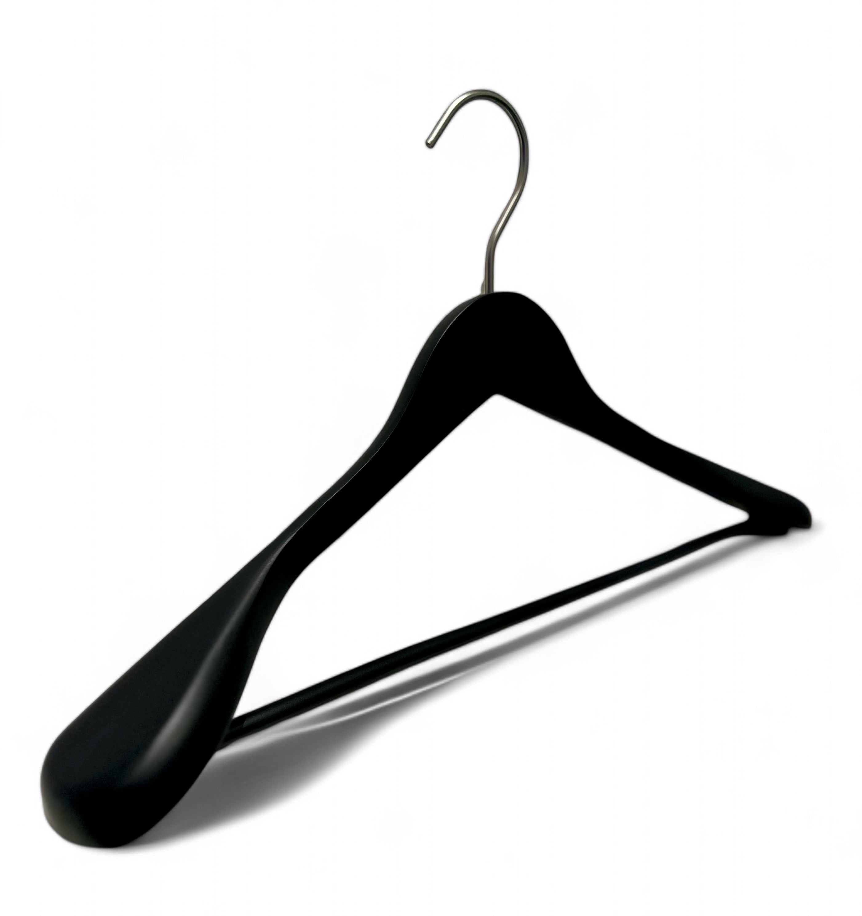 Wooden hanger, solid, angled, adult, extra-strong, with trouser bar, matte black, 13/50 mm thick, 45 cm. Brushed Satin Chrome hook