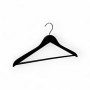 Wood hanger, solid, flat, adult, without rubber or notch, chrome hook without tip, with bar, matte black, 12 mm thick, 45 cm