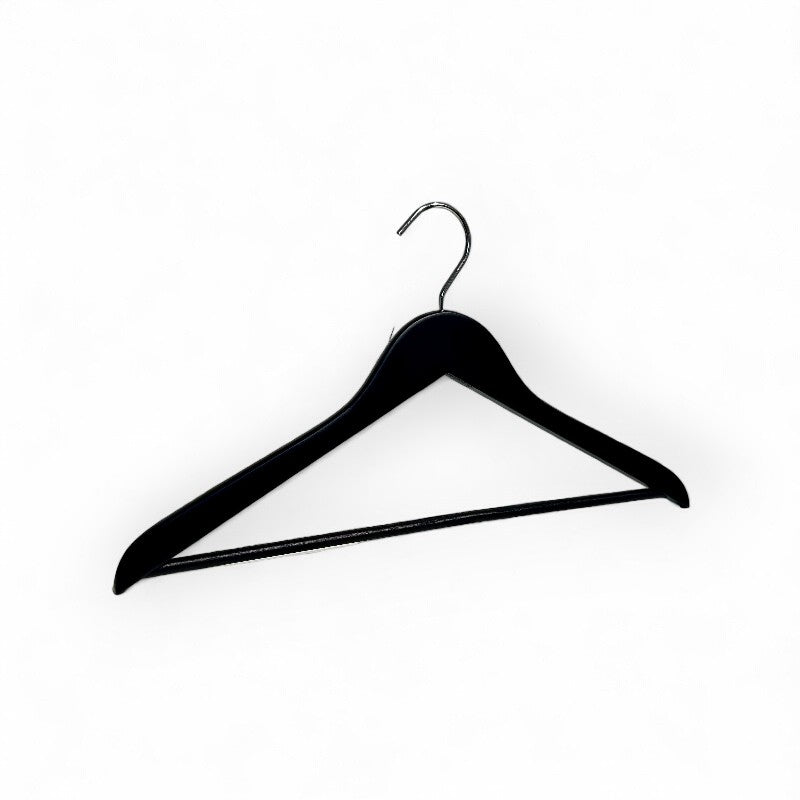 Wood hanger, solid, flat, adult, without rubber or notch, chrome hook without tip, with bar, matte black, 12 mm thick, 45 cm