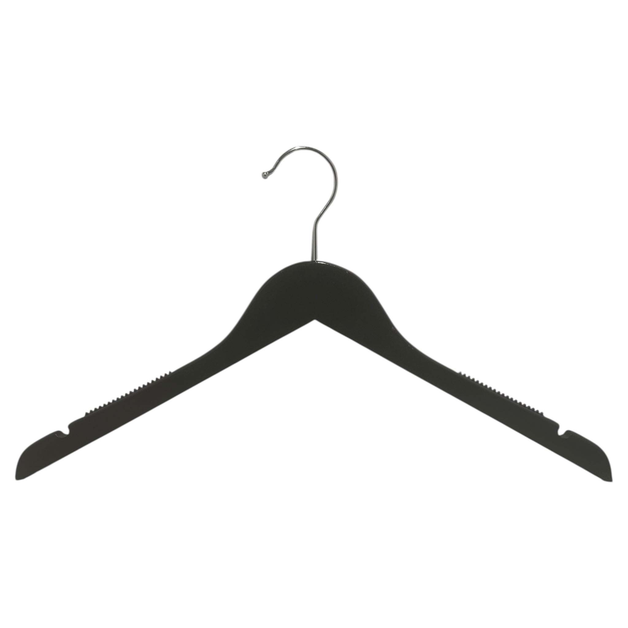 Viðar herðatré, massíft, flatt, fyrir fullorðna, með gúmmí og hak, án stöng, svart, 12 mm þykkt, 45 cm