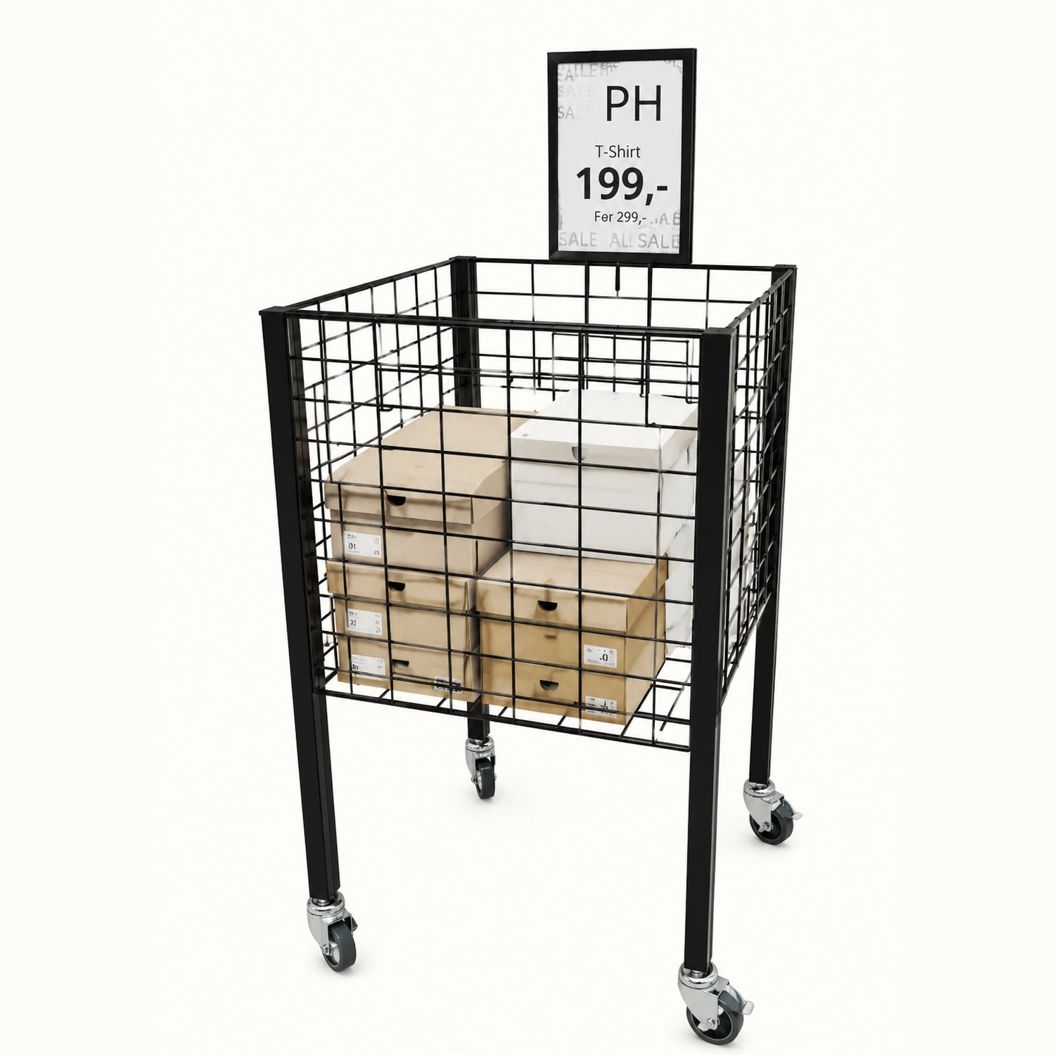 Boxer I salgskurv med hjul og justerbar bund – sort, 50 x 50 x H90 cm