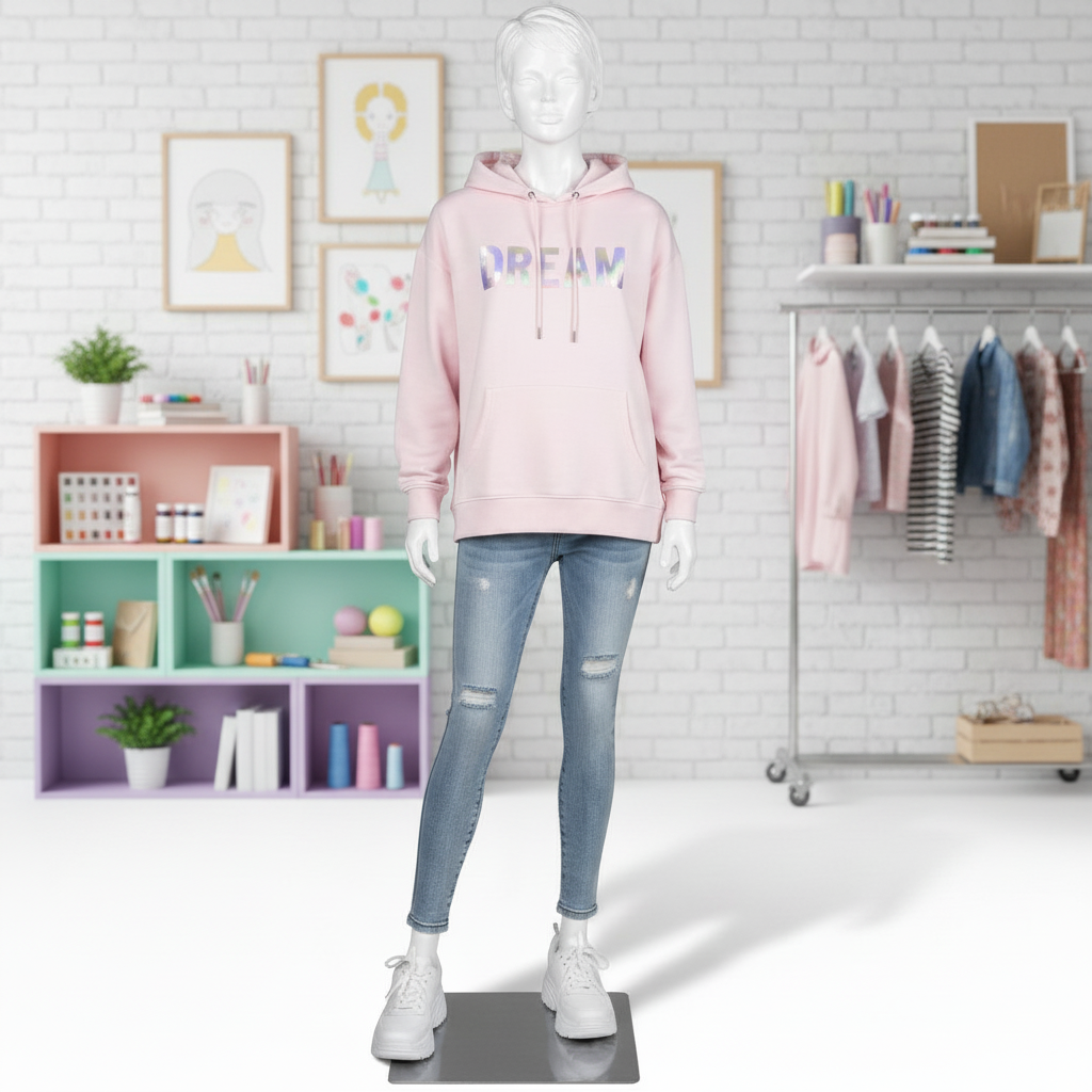 Teenage mannequin. White with head, face and sculpted hair. Girl, 16 years old. Standing upright