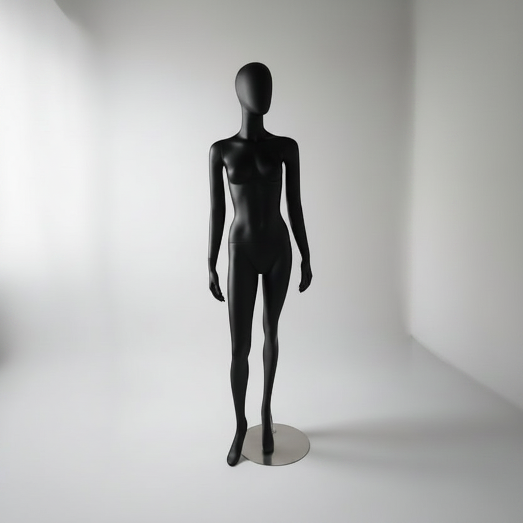 1300 Faceless kvindumannekina. Svart við høvdi (egg). Rundur metallfótur. H 180 cm. Modell B