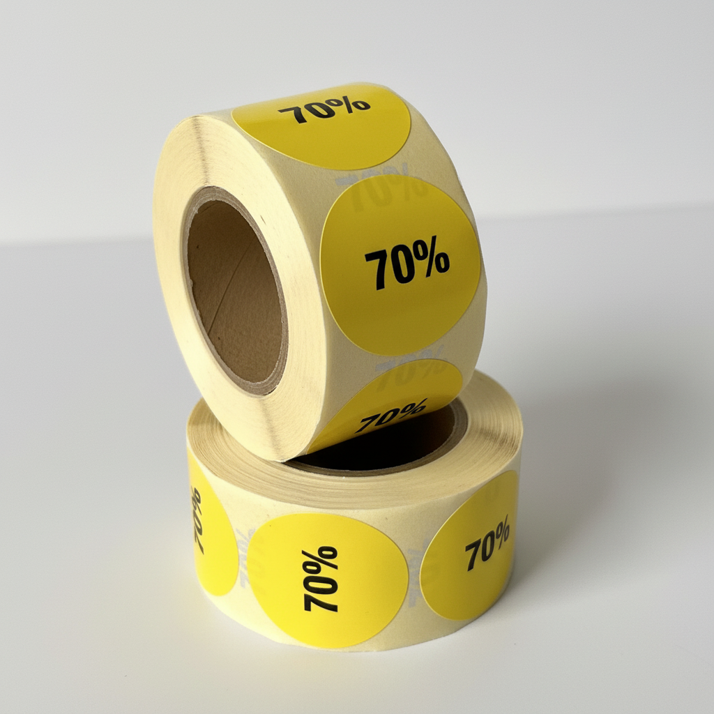 Gul rabatklistermærke 70%. Rulle med 500 stk. Ø 30 mm.