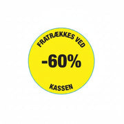 Gul rabatklistermærke 60%. Rulle med 500 stk. Ø 30 mm.