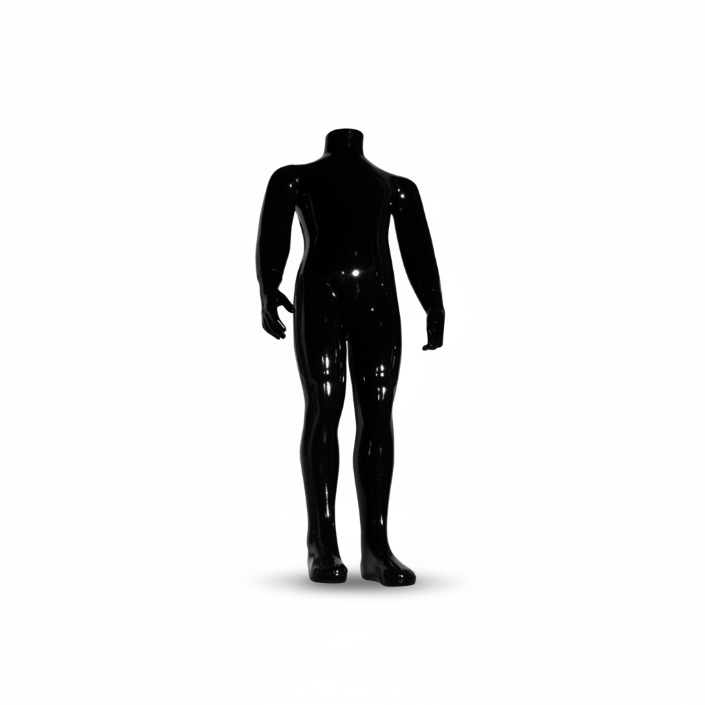 Family børnemannequin. Sort high gloss. 4-6 år. H 90 cm. Rund glas fodplade