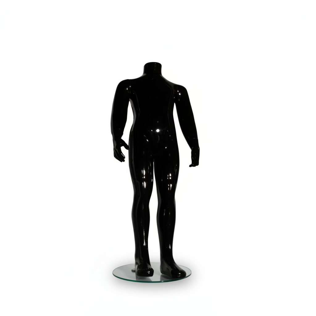 Family børnemannequin. Sort high gloss. 4-6 år. H 90 cm. Rund glas fodplade