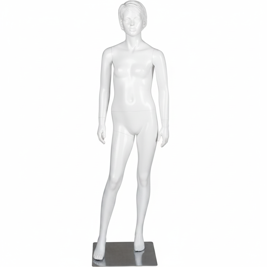 Teenagemannequin. Hvid med hoved, ansigt og skulpterede hår. Pige 16 år. Står ret