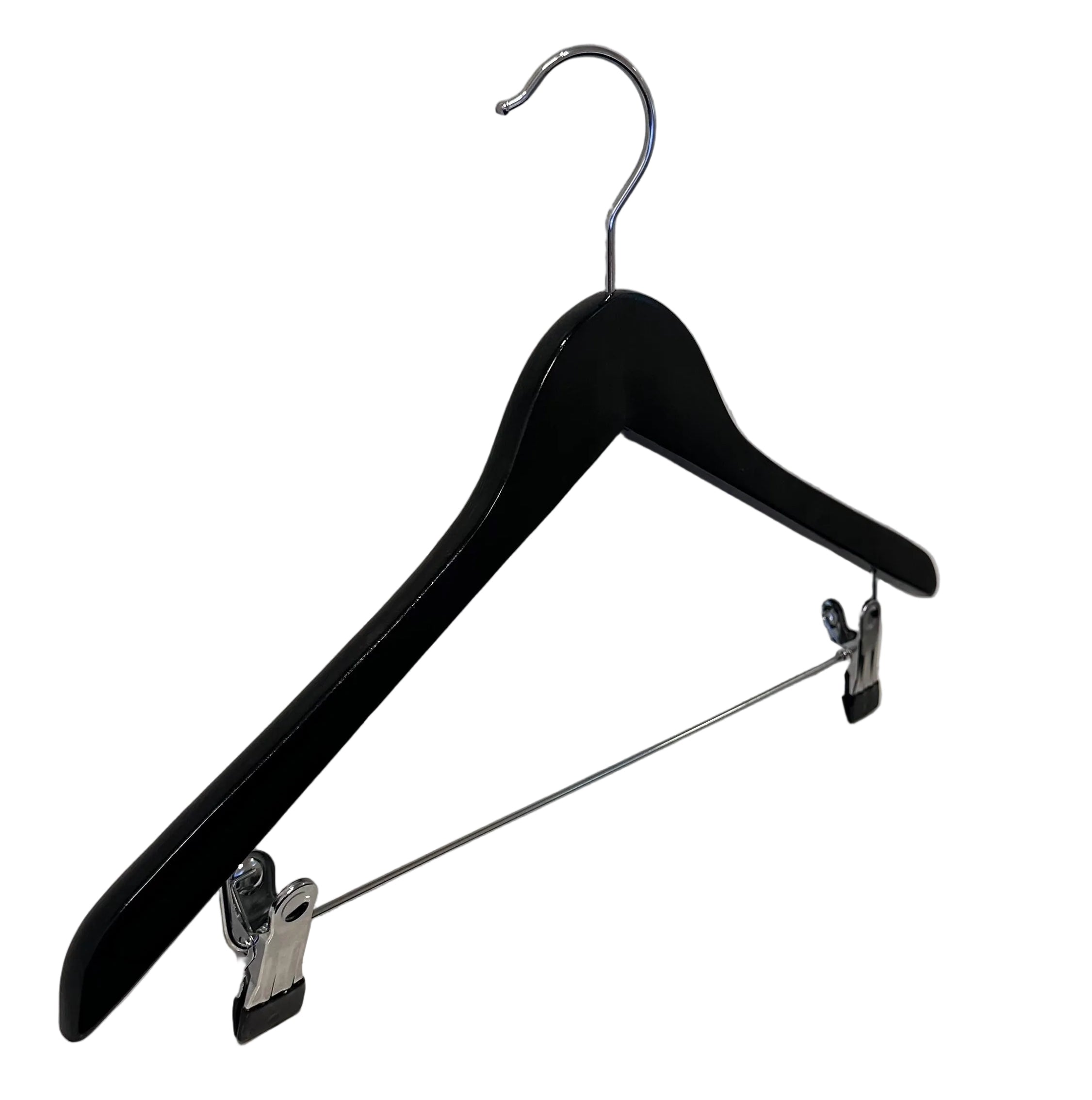 Wooden hanger, solid, flat, adult, with rubber and notch, with clips, glossy black, 12 mm thick, 45 cm (b004-1014-sb)
