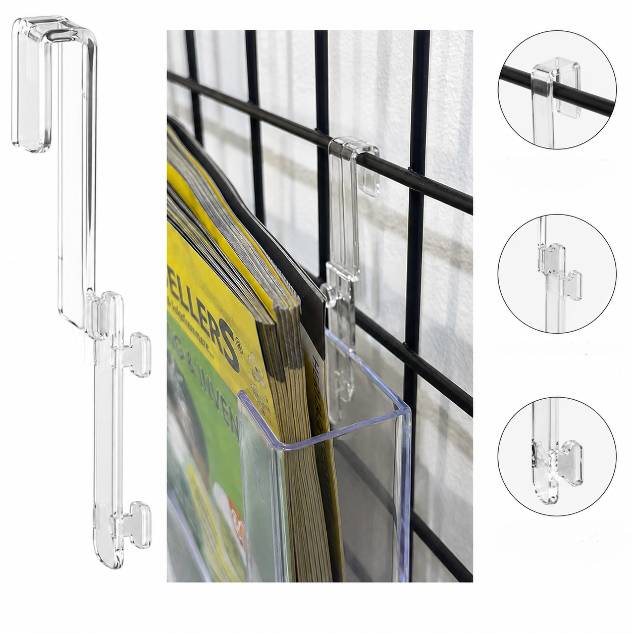 Ophængs beslag, til brochureholder, på gitre, akryl