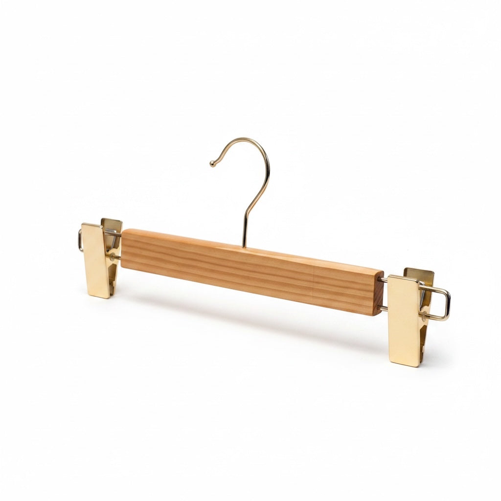 Beech trouser hanger with strong clips, "gold" hook and clamps, 31 cm.