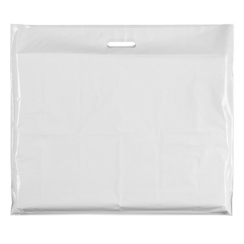 Plastpose, ekstra stor, hvid, pk. med 100 stk., 60 micron, B 70 x D/BF 15 x H 60 cm., forstærkede håndtag