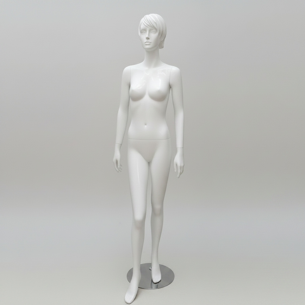 Realistic damemannequin. Hvid med hoved, ansigt og skulpterede hår. Rund metalfod. Model A