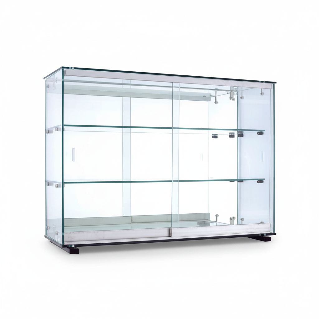 Normandie, bordvitrine, bred, mellem, med hærdet glas, inkl. 2 hylder, skydedøre, spejlbagside, 78 x 25 x 55 cm
