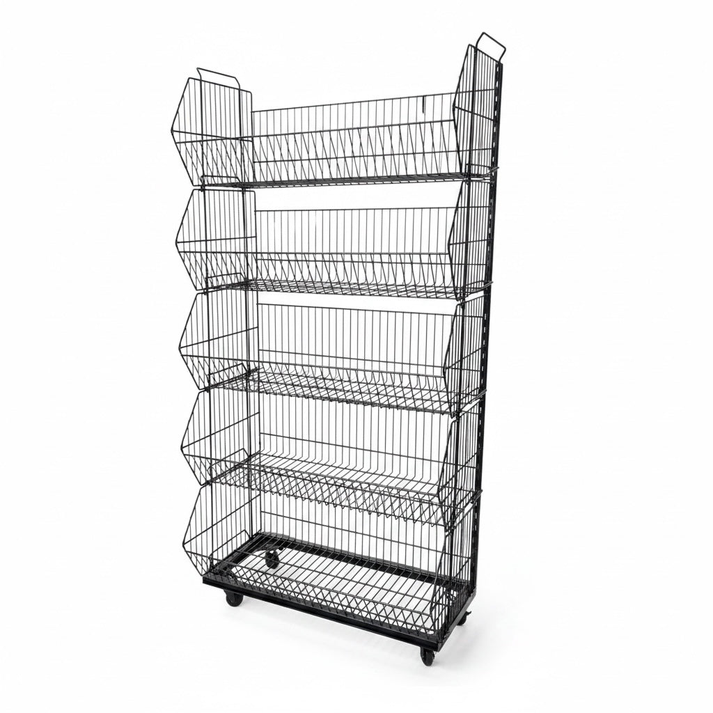 Stabelkurv med 5 kurve og hjul – mat sort, 81 x 43 x H160 cm
