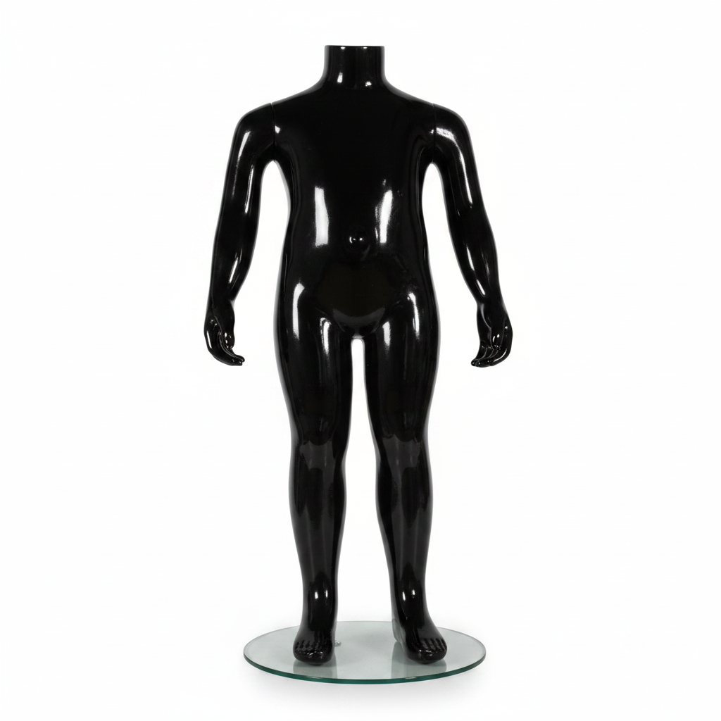 Family børnemannequin. Sort high gloss. 2-4 år. H 73 cm. Rund glas fodplade