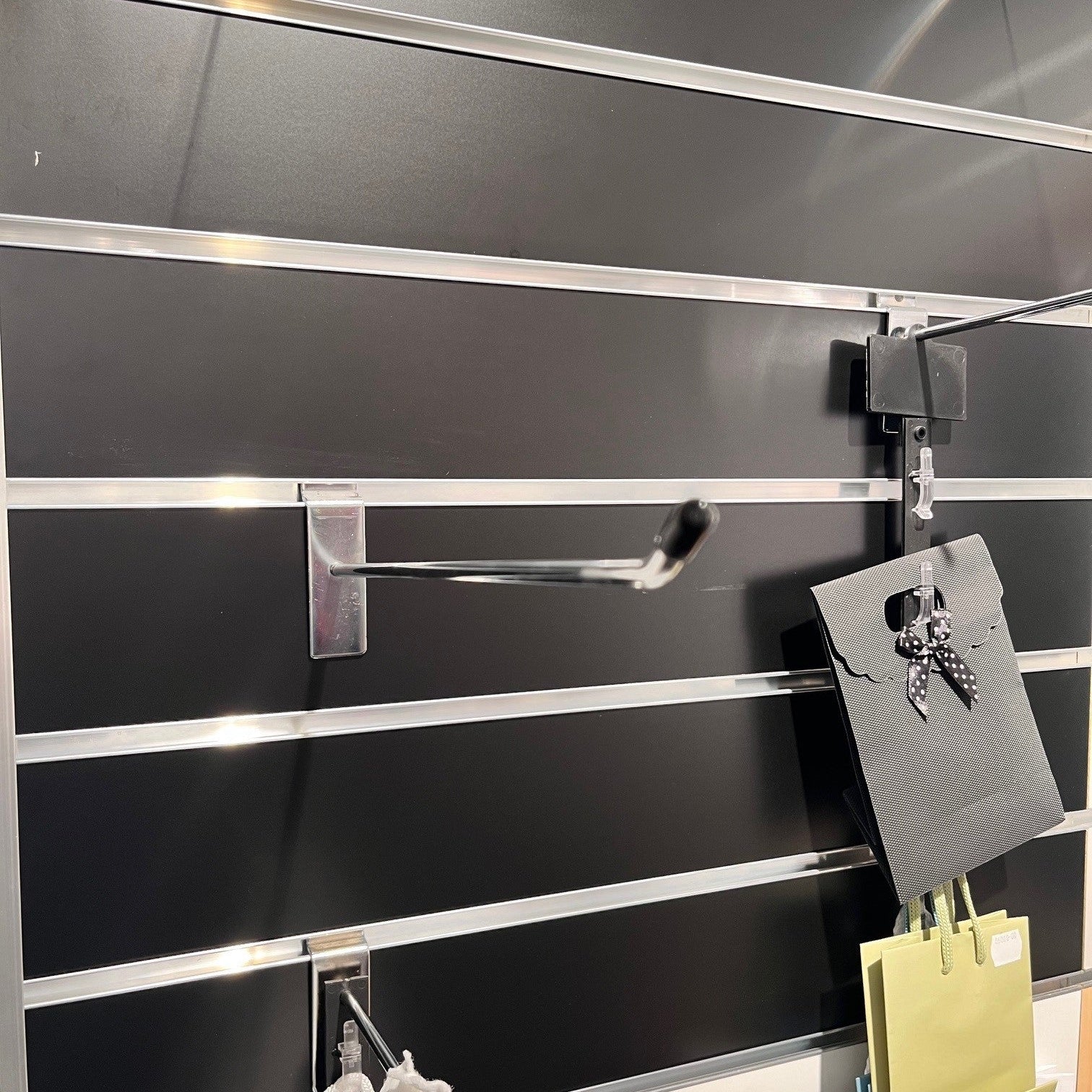 Product hook for panel, chrome, 30 cm. Ø 6mm with black end cap.