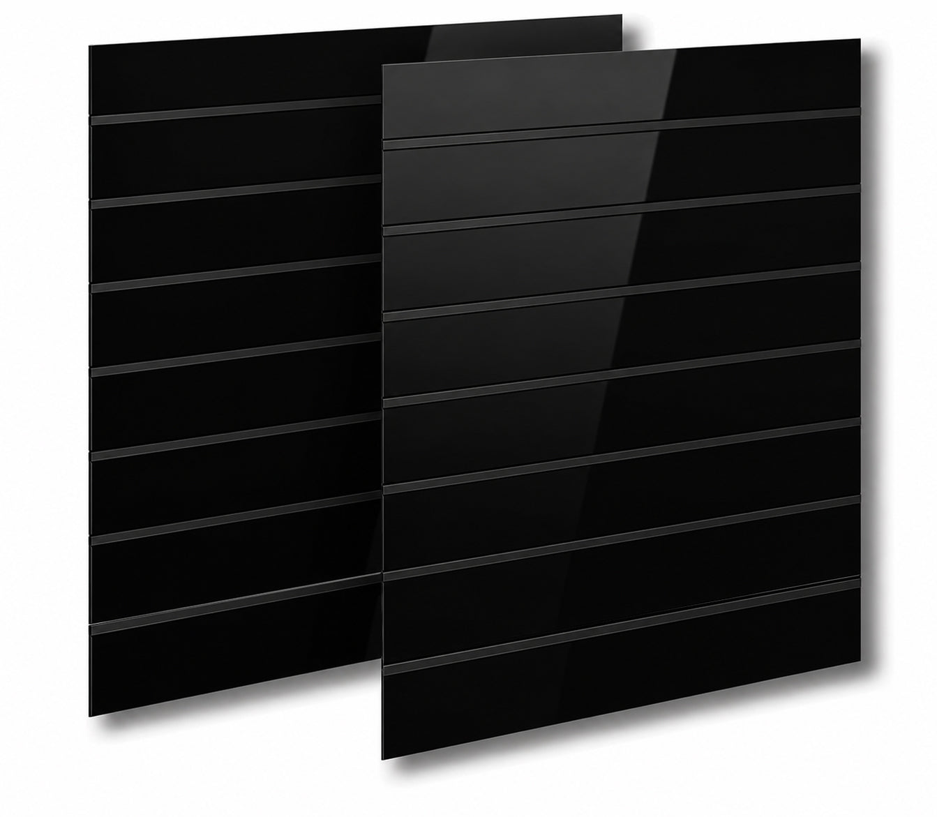 Rillepanel, sort højglans, rilleafstand 15 cm, 120 x 240 cm. M/ sorte plastlister