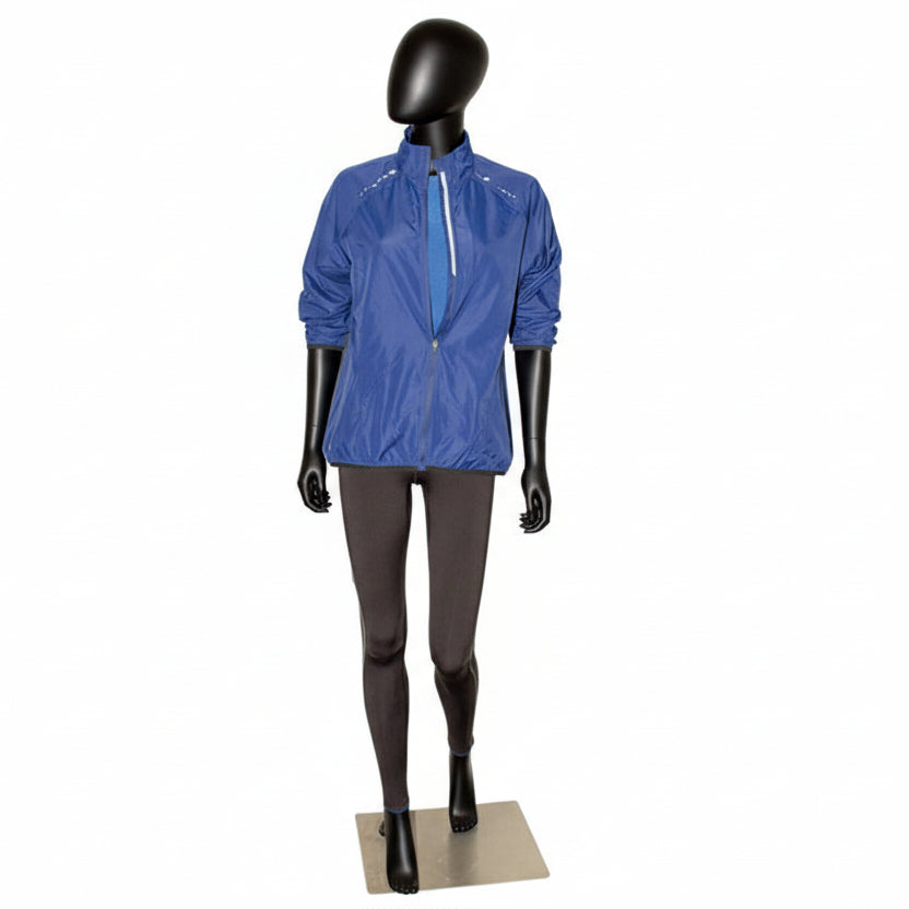 Standard women's mannequin, B, with straight arms and staggered stance, head without facial features and brushed satin metal base plate, black