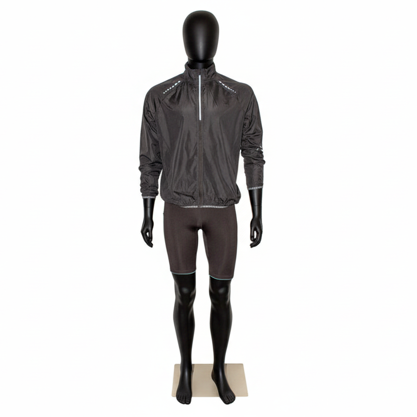 Standard men's mannequin, size C, with straight arms, head without facial features and brushed satin metal base plate, black