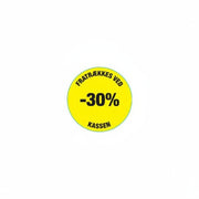 Gul rabatklistermærke 30%. Rulle med 500 stk. Ø 30 mm.