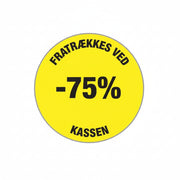 Gul rabatklistermærke 75%. Rulle med 500 stk. Ø 30 mm.