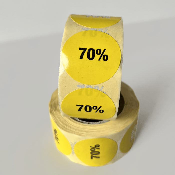 Gul rabatklistermærke 70%. Rulle med 500 stk. Ø 30 mm.