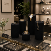 Smykkedisplays. Sæt med 5 cylinderformede smykkedisplays i sort Flock.