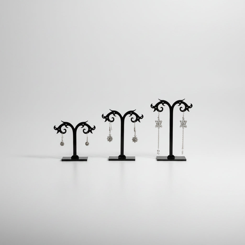 Earring display (set of 3 pcs.) Black acrylic. H 11.5 - 9.5 and 7.5 cm