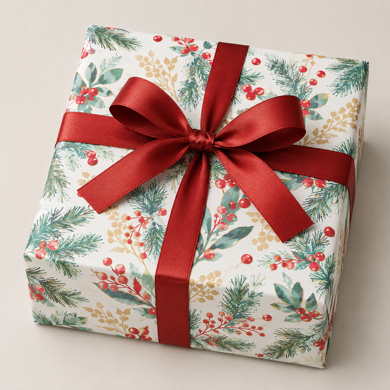Christmas wrapping paper, holly with large berries and golden details. B 50 cm x 50 mtr *