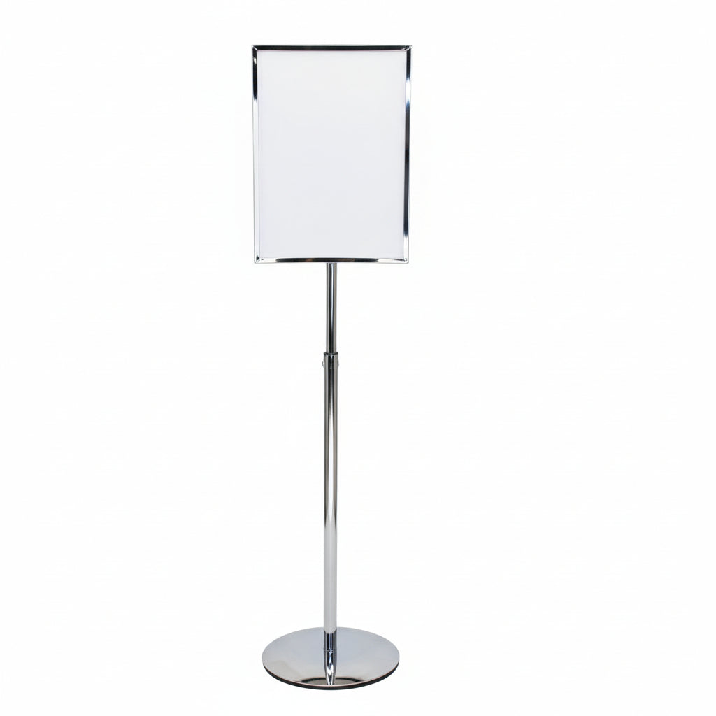 Sign- / info stand, chrome. Incl. A3 frame, H66-132 cm
