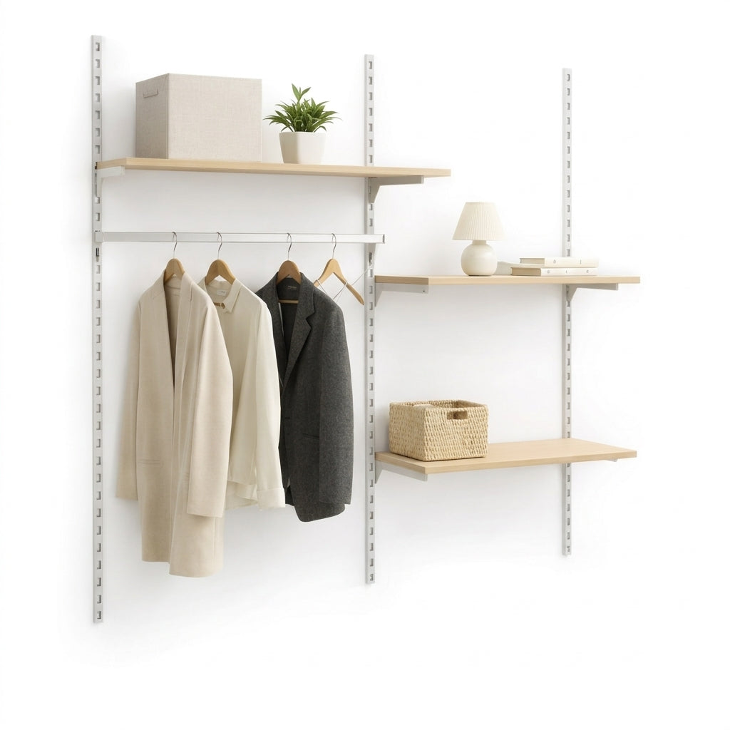 Vægsæt med Framework skinner i hvid, hylder i bøg og bøjlestang. Mål: ca. 185 x H244 cm. Som vist. Entré, garderobe og Walk-in.