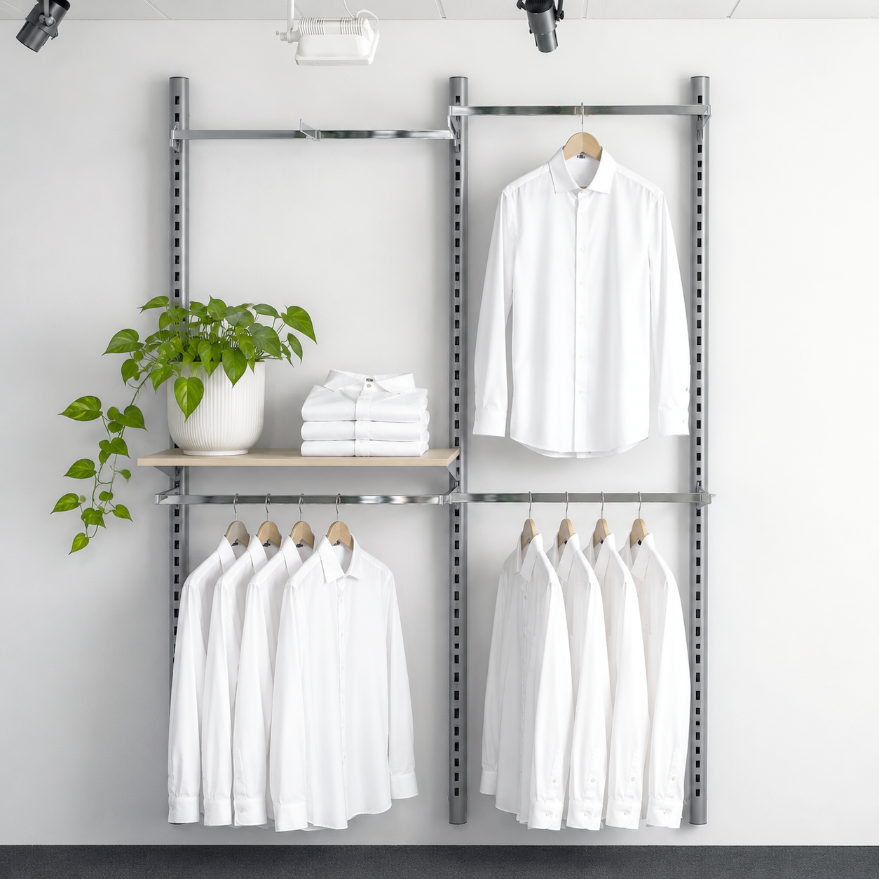 Wall set with Pipe-line wall in aluminum-colored Ø 40, shelves in black. Dimensions: 189 x H 226. As shown. Choose model Ø 40 or Ø 60 posts