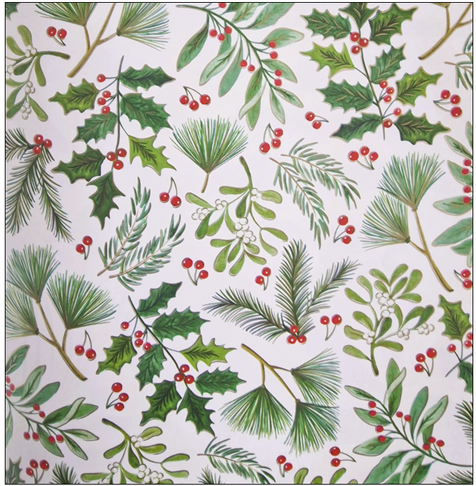 Julepapir med kristtorn og grangrene. B50 cm x 50 mtr.