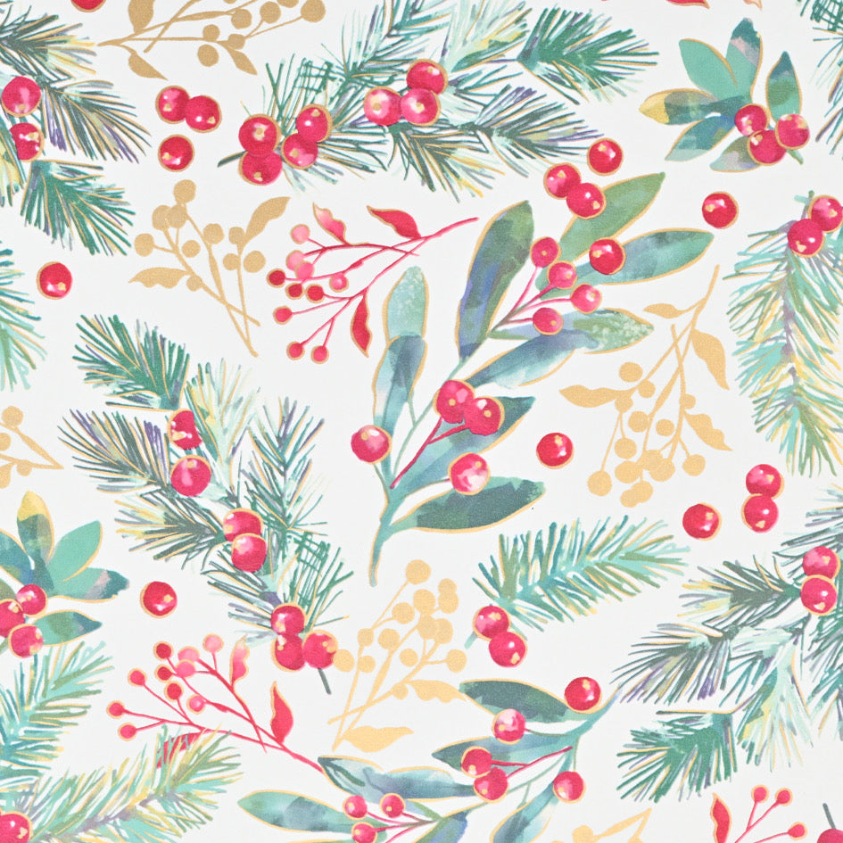 Christmas wrapping paper, holly with large berries and golden details. B 50 cm x 50 mtr *