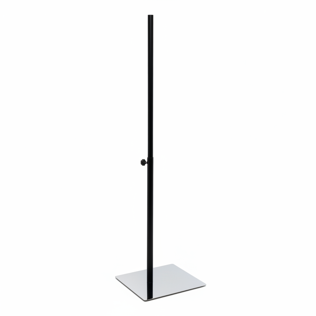 Fodplade i metal 28,5 x 33 cm krom, med teleskopisk stang,  H70-116 cm, Ø 25 mm sort.