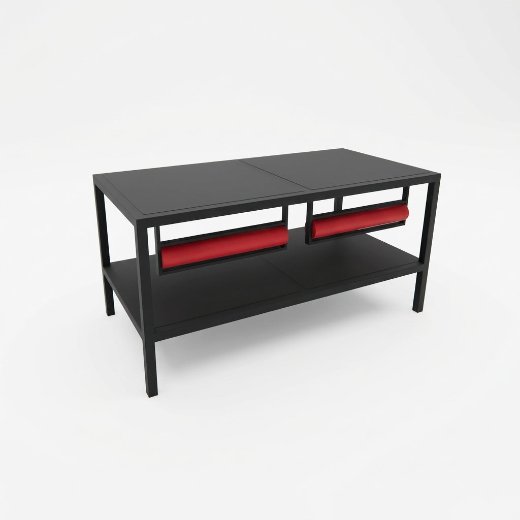 Packing table on wheels with black tops, 160 x 80 x H80 cm. Incl. 2 paper roll holders