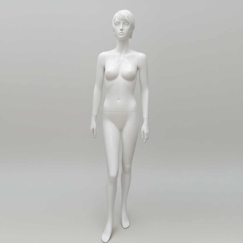 Realistic damemannequin. Hvid med hoved, ansigt og skulpterede hår. Rund metalfod. Model A