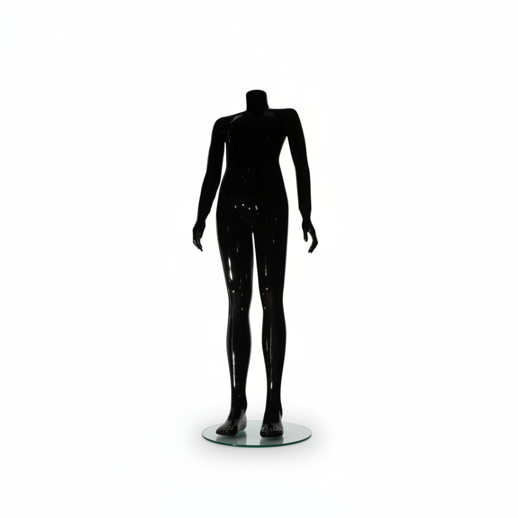 Family børnemannequin. Sort high gloss. 12-14 år. H 140 cm. Rund glas fodplade