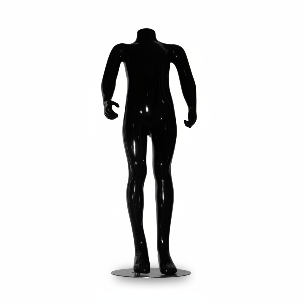 Family børnemannequin. Sort high gloss uden hoved. 8-10 år. H 114 cm. Rund glas fodplade